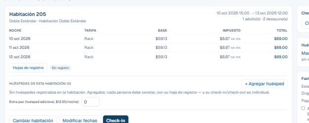 Folio de la reserva con cargos y saldo